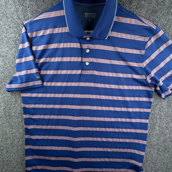 Brooks Brothers Polo Shirt Mens Large Blue Orange Striped Short Sleeve Polyester - Picture 1 of 8